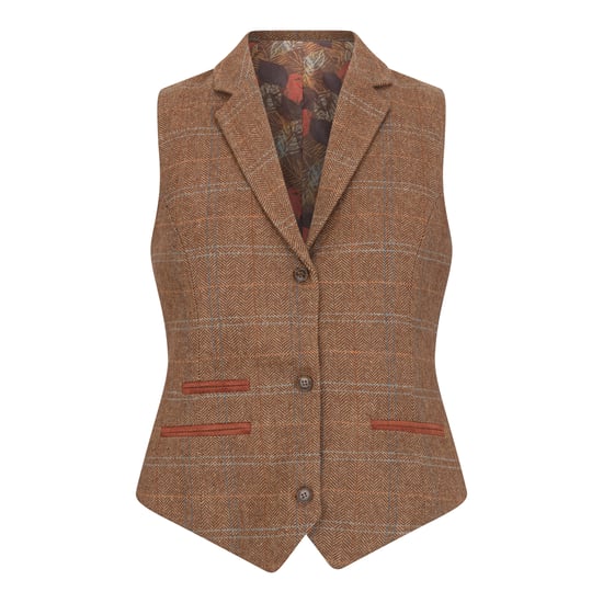 Oak Brown 2-teiliges Set aus Tweed-Blazer und Weste für Damen im Fischgrätenmuster - Image 3