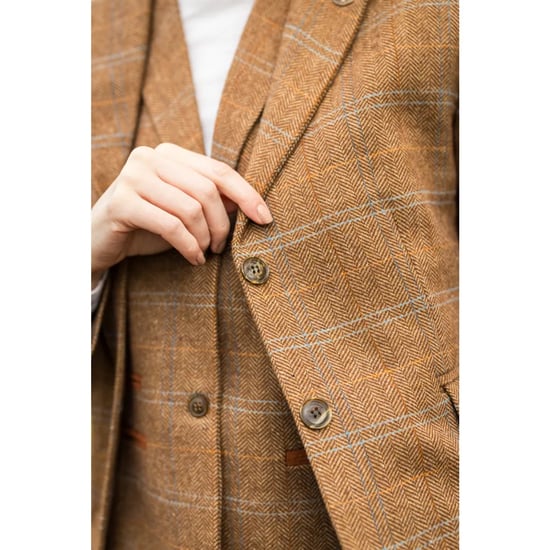 Oak Brown 2-teiliges Set aus Tweed-Blazer und Weste für Damen im Fischgrätenmuster - Image 5