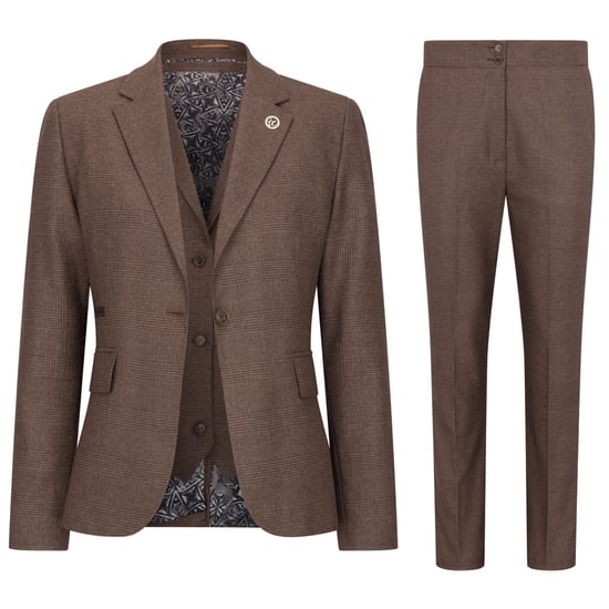 Brauner dreiteiliger Tailored Fit Anzug mit Prince of Wales-Karomuster für Damen - Image 1