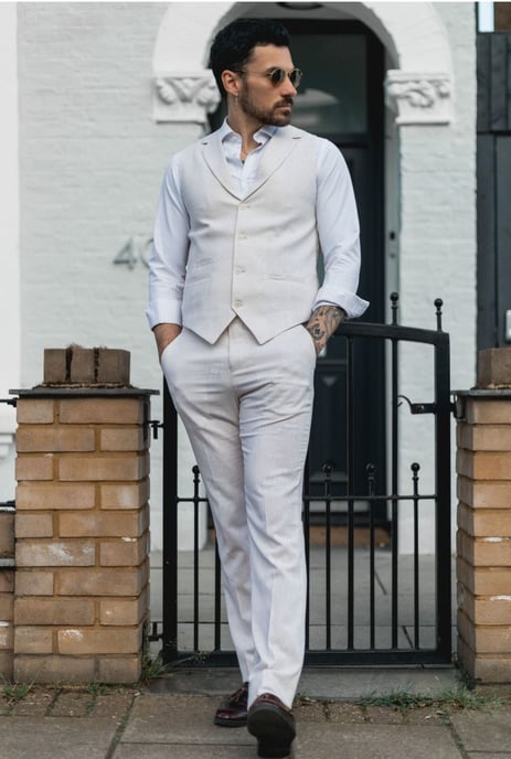 Herren Sommer 2-teiliges Anzugset Leinen Formal Creme Beige Weste Hose - Image 2