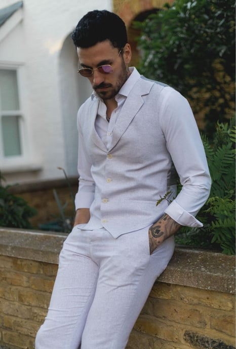 Herren Sommer 2-teilig Anzug Leinen Formal Grau Weste Hose - Image 5