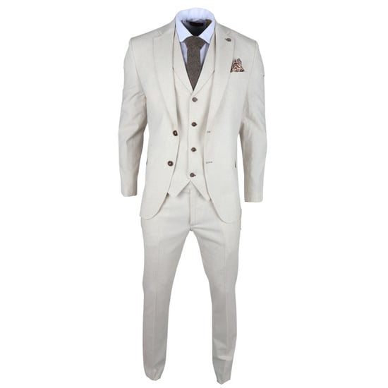 Herren Beiges 3-Teiliges Leinen Anzug für formelle Sommerhochzeiten - Image 5