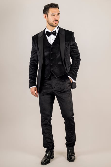 Herren schwarzer 3-teiliger Samt Hochzeitsanzug formell - Image 2