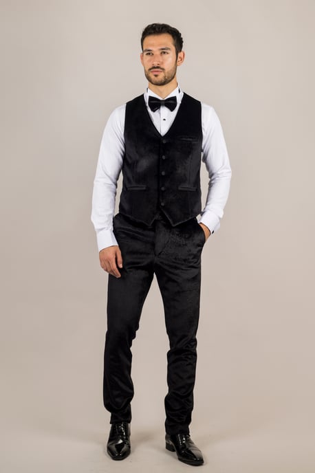 Herren schwarzer 3-teiliger Samt Hochzeitsanzug formell - Image 3
