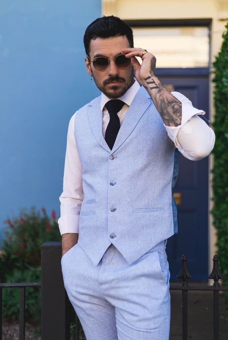 Herren Sommer 2-Teiler Anzug Leinen Formal Hellblau Weste Hose - Image 3