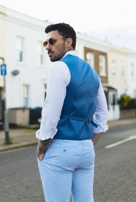 Herren Sommer 2-Teiler Anzug Leinen Formal Hellblau Weste Hose - Image 6