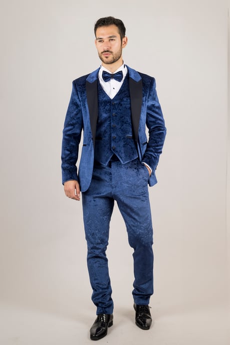 Blauer 3-teiliger Hochzeits-Smokinganzug aus Samt für Herren - Image 2