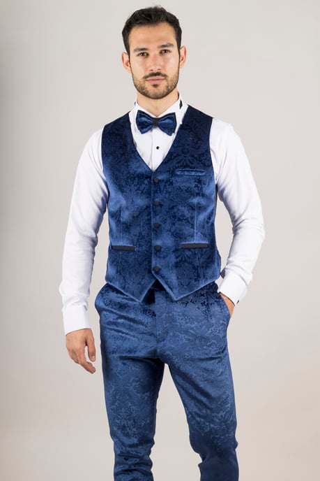 Blauer 3-teiliger Hochzeits-Smokinganzug aus Samt für Herren - Image 3