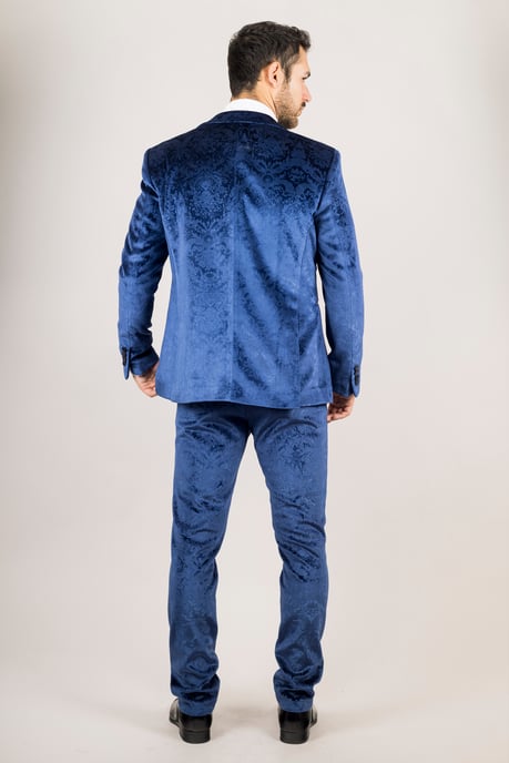 Blauer 3-teiliger Hochzeits-Smokinganzug aus Samt für Herren - Image 4
