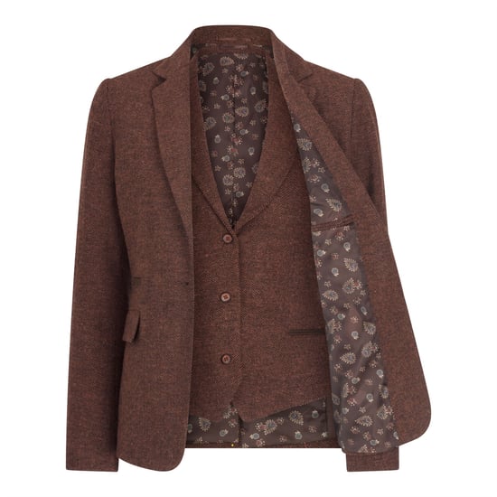 Rostbraunes 2-teiliges Set für Damen, Fischgrätenmuster, Woll-Tweed, karierter Blazer und Weste - Image 1