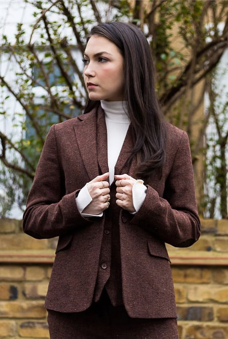 Rostbraunes 2-teiliges Set für Damen, Fischgrätenmuster, Woll-Tweed, karierter Blazer und Weste - Image 4
