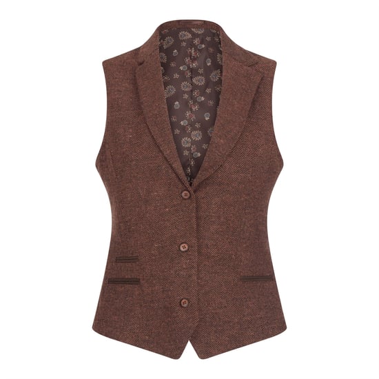 Rostbraunes 2-teiliges Set für Damen, Fischgrätenmuster, Woll-Tweed, karierter Blazer und Weste - Image 5