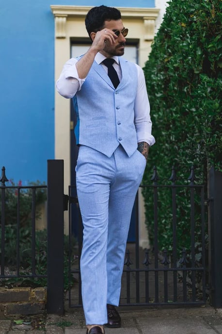 Herren Sommer 2-Teiler Anzug Leinen Formal Blau Weste Hose - Image 2