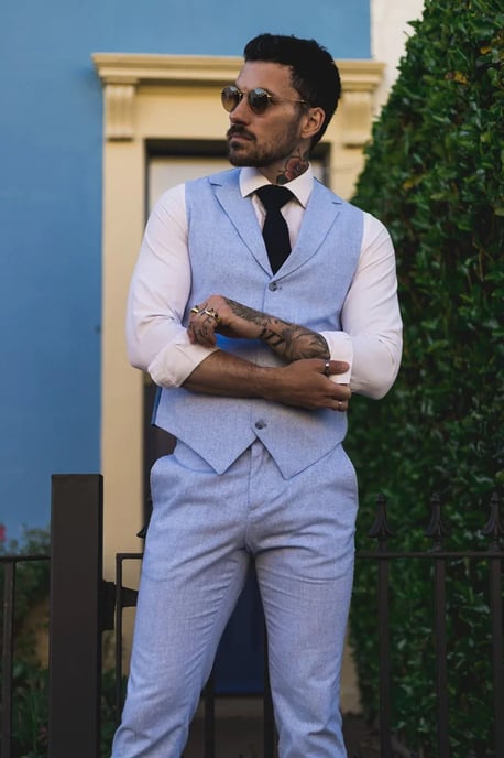 Herren Sommer 2-Teiler Anzug Leinen Formal Blau Weste Hose - Image 3