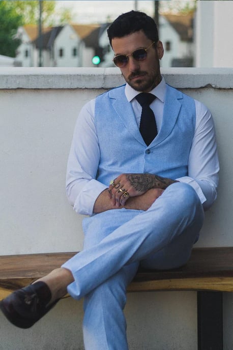 Herren Sommer 2-Teiler Anzug Leinen Formal Blau Weste Hose - Image 4