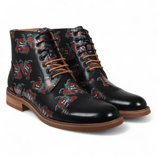Justin Reess Herren-Oxford-Stiefeletten aus schwarzem Leder mit floralem Totenkopf-Print – Adam Skull - Image 2