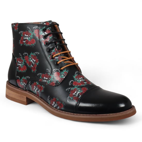 Justin Reess Herren-Oxford-Stiefeletten aus schwarzem Leder mit floralem Totenkopf-Print – Adam Skull - Image 3