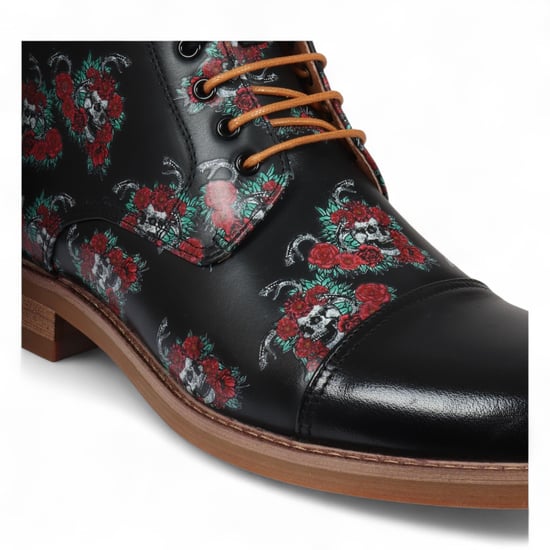 Justin Reess Herren-Oxford-Stiefeletten aus schwarzem Leder mit floralem Totenkopf-Print – Adam Skull - Image 4