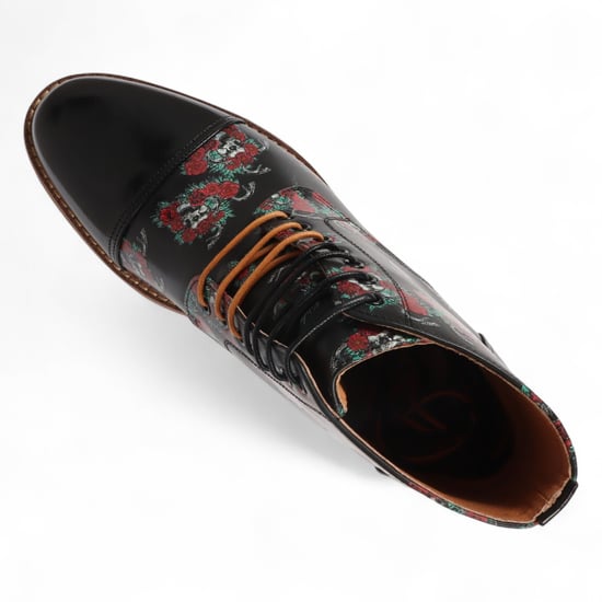 Justin Reess Herren-Oxford-Stiefeletten aus schwarzem Leder mit floralem Totenkopf-Print – Adam Skull - Image 5
