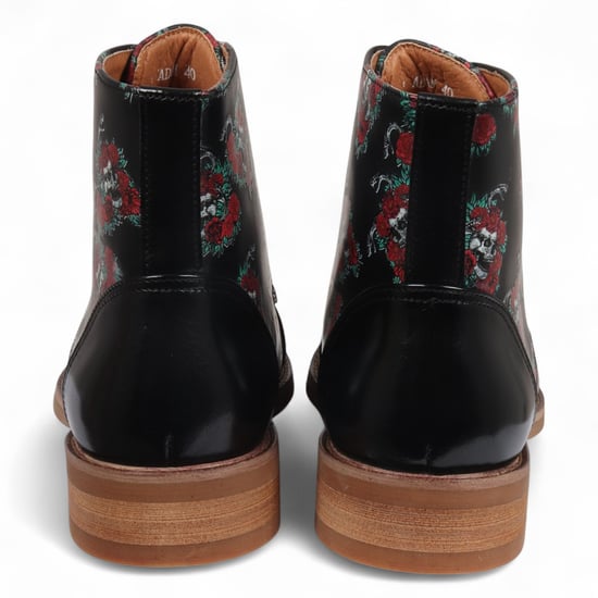 Justin Reess Herren-Oxford-Stiefeletten aus schwarzem Leder mit floralem Totenkopf-Print – Adam Skull - Image 6