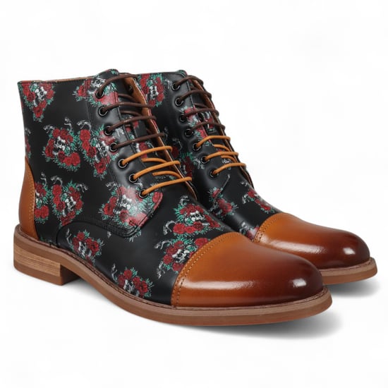 Justin Reess Herren-Oxford-Stiefeletten aus braunem Leder mit Blumen- und Totenkopf-Print – Adam Skull - Image 2