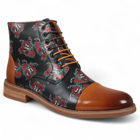Justin Reess Herren-Oxford-Stiefeletten aus braunem Leder mit Blumen- und Totenkopf-Print – Adam Skull - Image 4
