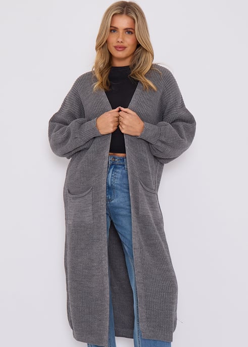 Dunkelgraue lange Strickjacke aus Grobstrick - Image 2