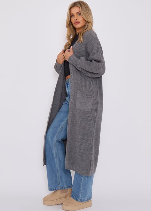 Dunkelgraue lange Strickjacke aus Grobstrick - Image 3