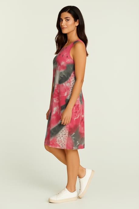 Ärmelloses Midikleid – Abstrakter roter Druck, transparentes Nylonnetz, vollständig mit Baumwolle gefüttert - Image 3