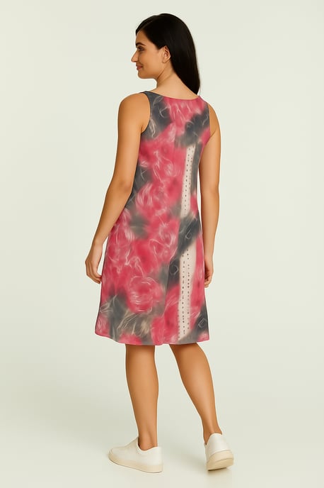 Ärmelloses Midikleid – Abstrakter roter Druck, transparentes Nylonnetz, vollständig mit Baumwolle gefüttert - Image 4