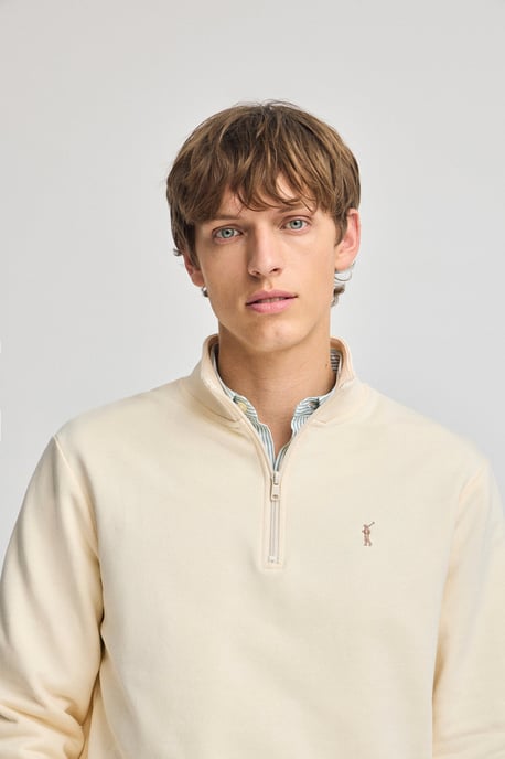 Sweatshirt ecru mit halbem Reißverschluss und gesticktem Rigby Go-Logo - Image 1