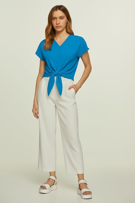 Bluse zum Binden vorne in Azurblau – 100 % Viskose-Voile - Image 2