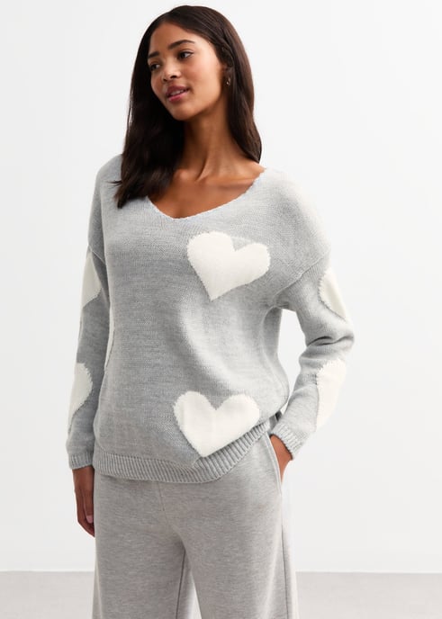 Grauer Pullover mit V-Ausschnitt und übergroßem Herzmuster - Image 3