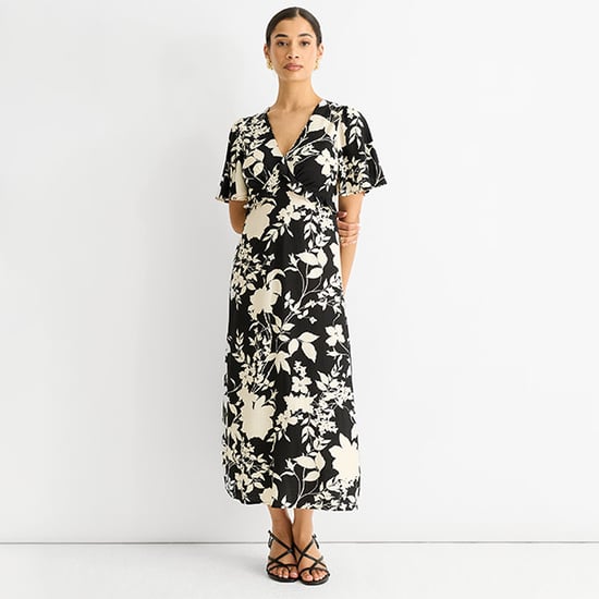 Mono Ruffle V-Ausschnitt Viskose Midikleid - Image 1