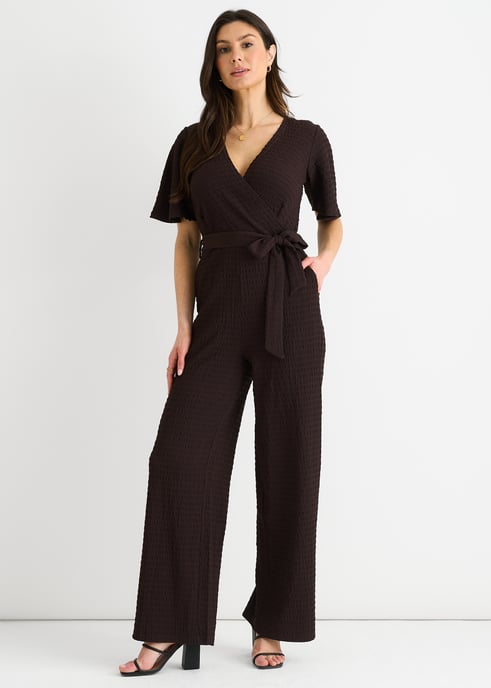 Schokoladenfarbener strukturierter Jersey-Wickel-Overall mit weitem Bein - Image 1