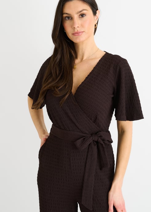 Schokoladenfarbener strukturierter Jersey-Wickel-Overall mit weitem Bein - Image 2