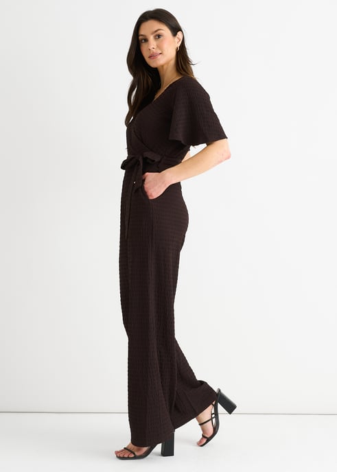 Schokoladenfarbener strukturierter Jersey-Wickel-Overall mit weitem Bein - Image 3