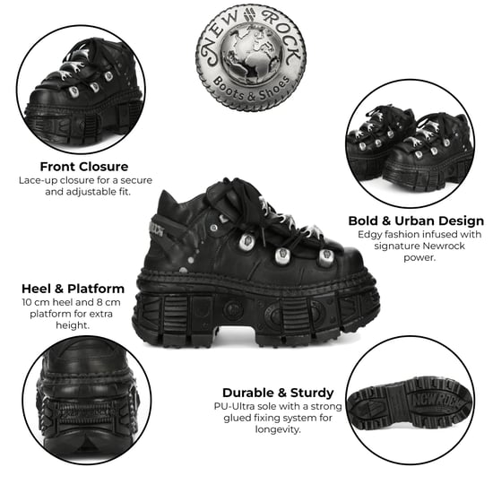 New Rock M-OVERZ106B-C1 Gothic-Stiefeletten aus klobigem schwarzem Leder im Metallic-Look - Image 2