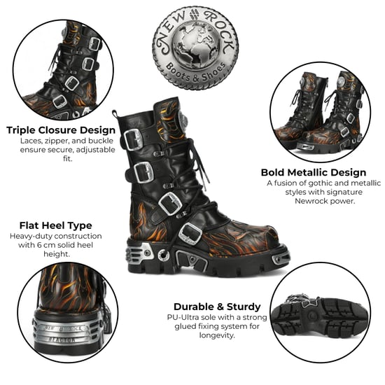 New Rock M-591-C58 Halbhohe Gothic-Stiefel aus schwarzem Flammenleder mit Metallic-Effekt - Image 2