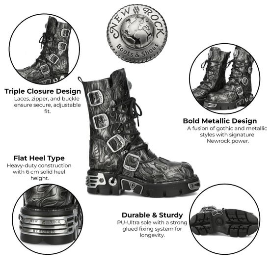 New Rock M-591-C63 Halbhohe Gothic-Stiefel aus schwarzem Stahlleder mit Metallic-Effekt - Image 2