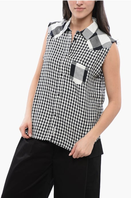 Ärmelloses Hemd aus Leinenmischung mit Gingham-Muster in Schwarz & Weiß - Image 1
