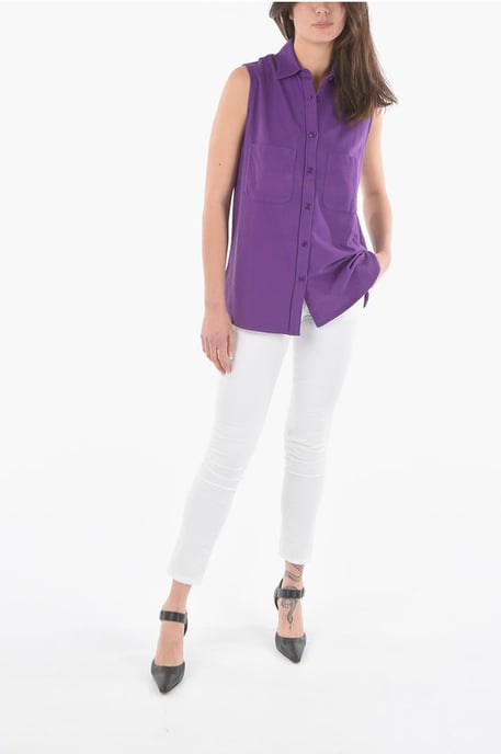 Ärmelloses Maxi-Shirt aus Baumwolle mit doppelten Brusttaschen in Violett - Image 4