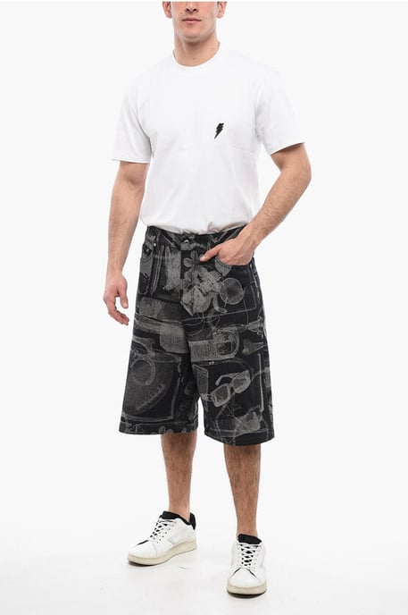 Hoch taillierte Jacquard-Xray-Jeansshorts in Grau - Image 4