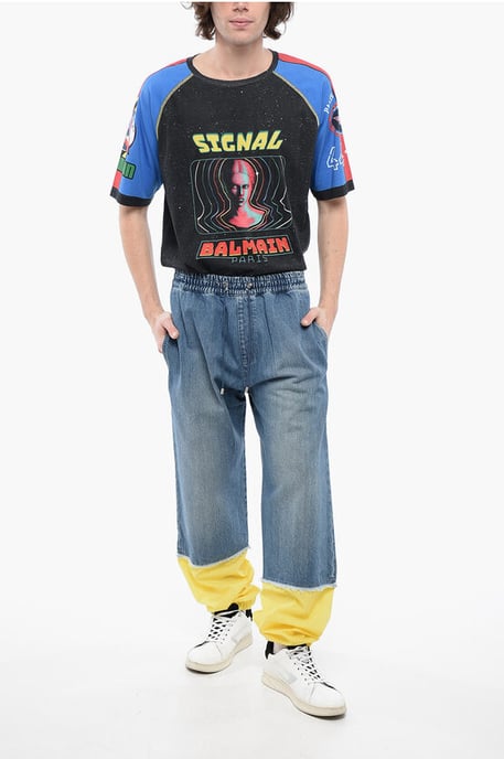 BALMAIN X POKEMON Denim-Gaucho-Shorts mit elastischem Bund in Hellblau - Image 4