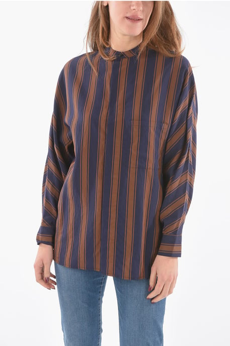 Unbalanced Striped SCULLY Hemd mit Stehkragen in Blau, Braun - Image 1