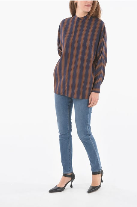 Unbalanced Striped SCULLY Hemd mit Stehkragen in Blau, Braun - Image 4