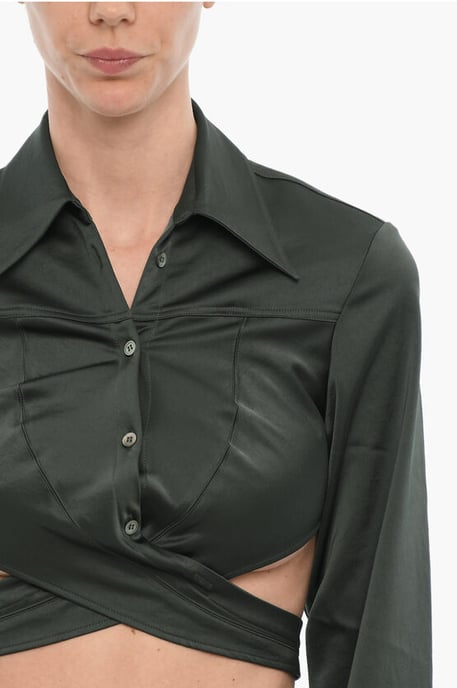 Satin-Crop-Shirt mit Wickeldetail in Grün - Image 3