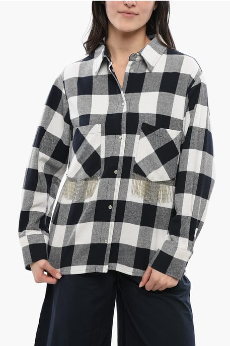 Kariertes Hemd aus Baumwollmischung mit Fransendetails in Schwarz und Weiß - Image 1