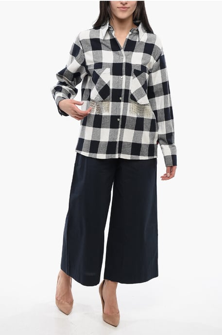 Kariertes Hemd aus Baumwollmischung mit Fransendetails in Schwarz und Weiß - Image 4