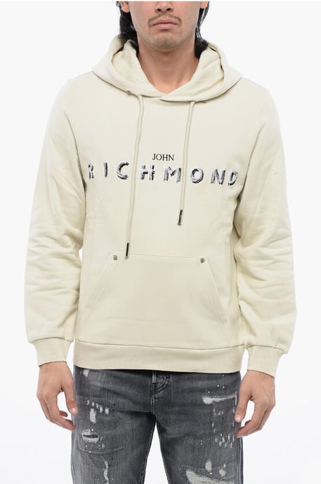 Hoodie aus gebürsteter Baumwolle mit gesticktem Logo in Beige - Image 1